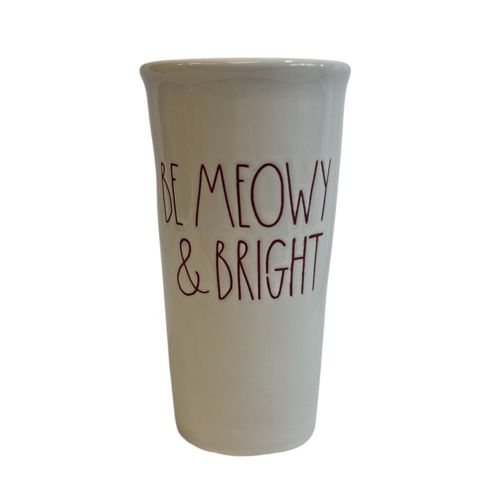Rae Dunn Be Meowy & Bright Ceramic Travel Mug Tumbler with Red Lid White